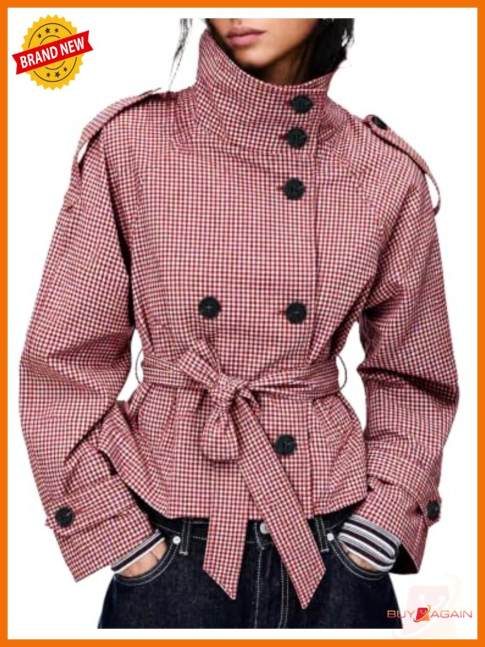 Gingham Trench Coat Double Breasted Belted Short Jacket Fall Outerwear